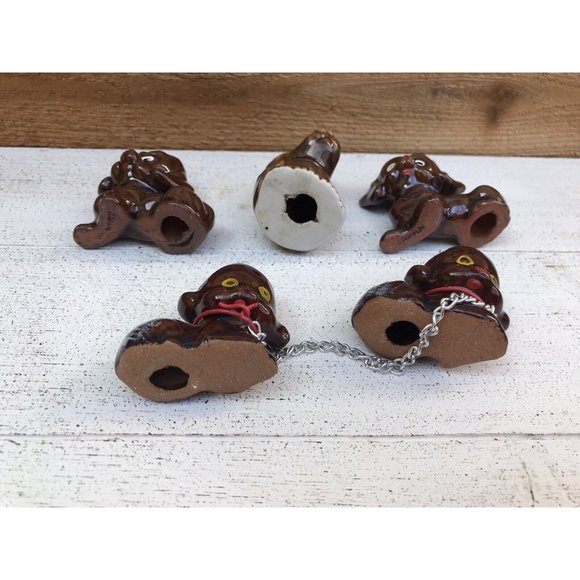 5 Vtg Japan Brown Dogs On Chain Ceramic Figurine Set Redware Pottery MCM 60s - Picture 4 of 6
